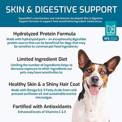 SquarePet VFS hydrolyzed pork kibble closeup highlights protein source designed for sensitive tummies.