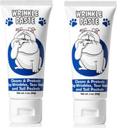Squishface Wrinkle Paste bottle on bulldog wrinkle area, easy-to-apply care.