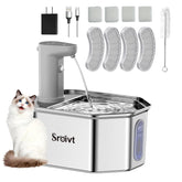 SROIVT cordless cat fountain in stainless steel, side view, compact placement for homes.