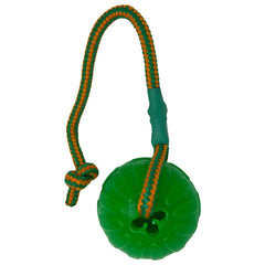 Starmark Everlasting Fun Ball rope knot close-up in green, durable knotted nylon construction.