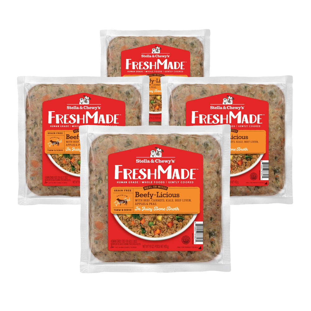 Stella & Chewy's Beefy-Licious pouch front showing grain-free beef meal