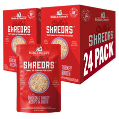 Stella & Chewy's Cage-Free Shredrs pouch closeup with shredded meat in broth