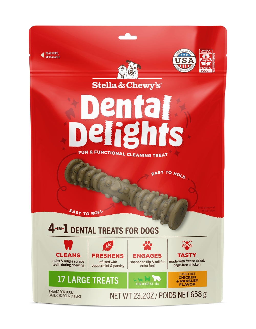 Stella & Chewy's Dental Delights front bag image showing freeze-dried chicken treats for dental care