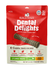 Stella & Chewy's Dental Delights front bag image showing freeze-dried chicken treats for dental care