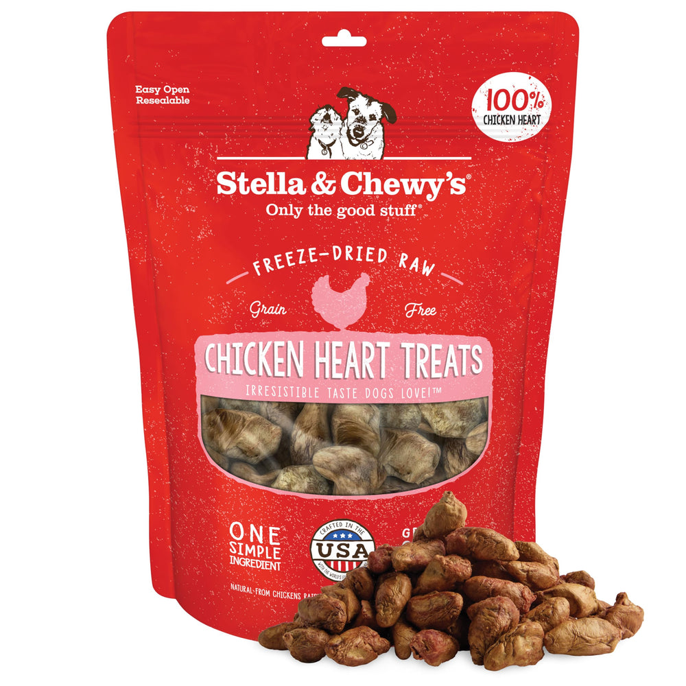 Stella & Chewy's freeze-dried chicken heart treats shown in packaging for easy stocking and quick rewards.