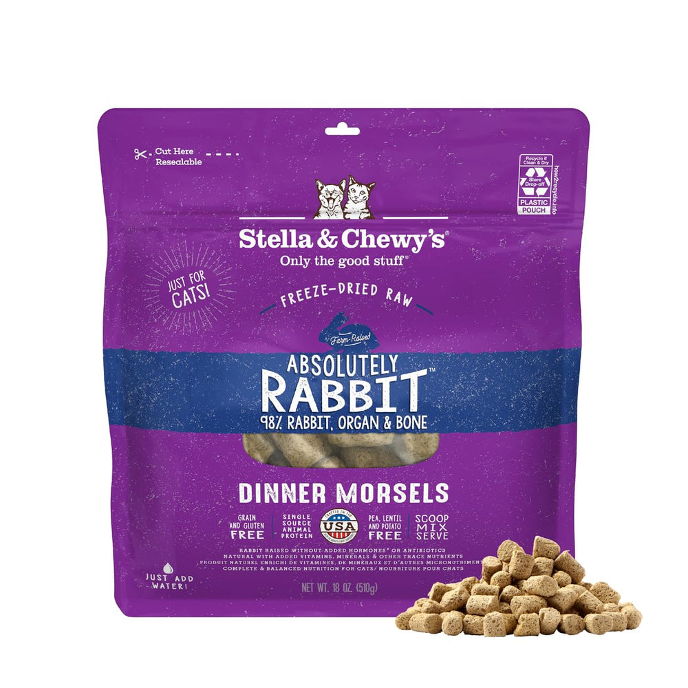 Stella & Chewy's rabbit morsels in a bag for convenient cat nutrition.