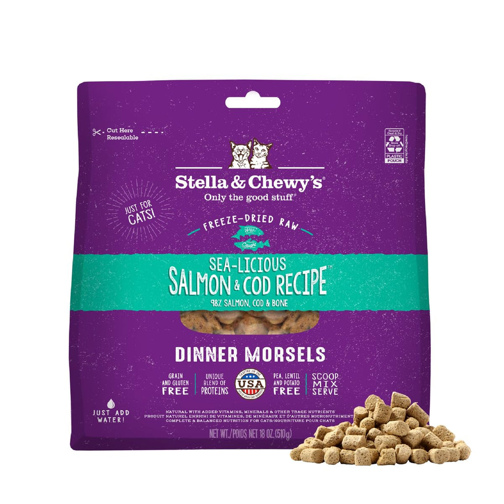 Stella & Chewy's freeze-dried morsels in a bowl highlighting protein-rich salmon and cod.