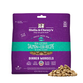 Stella & Chewy's freeze-dried morsels in a bowl highlighting protein-rich salmon and cod.