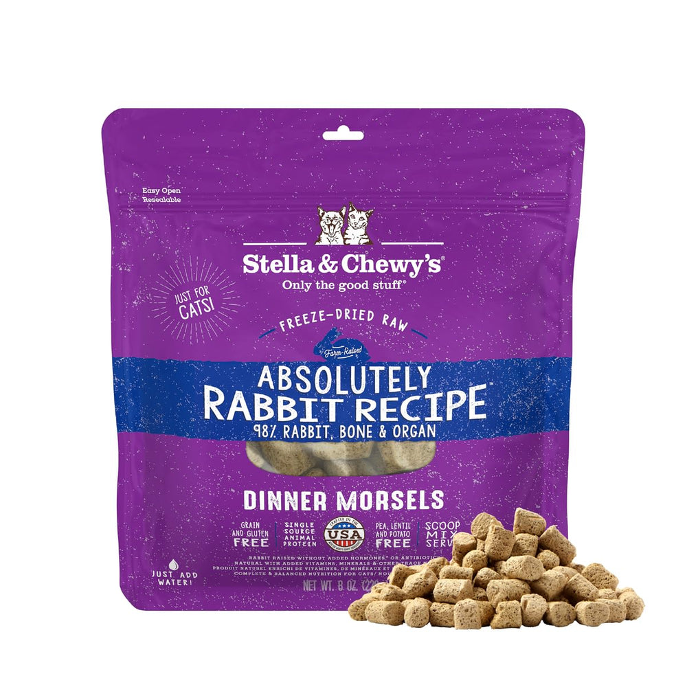 Stella & Chewy's freeze-dried rabbit dinner pack showing premium cat nutrition