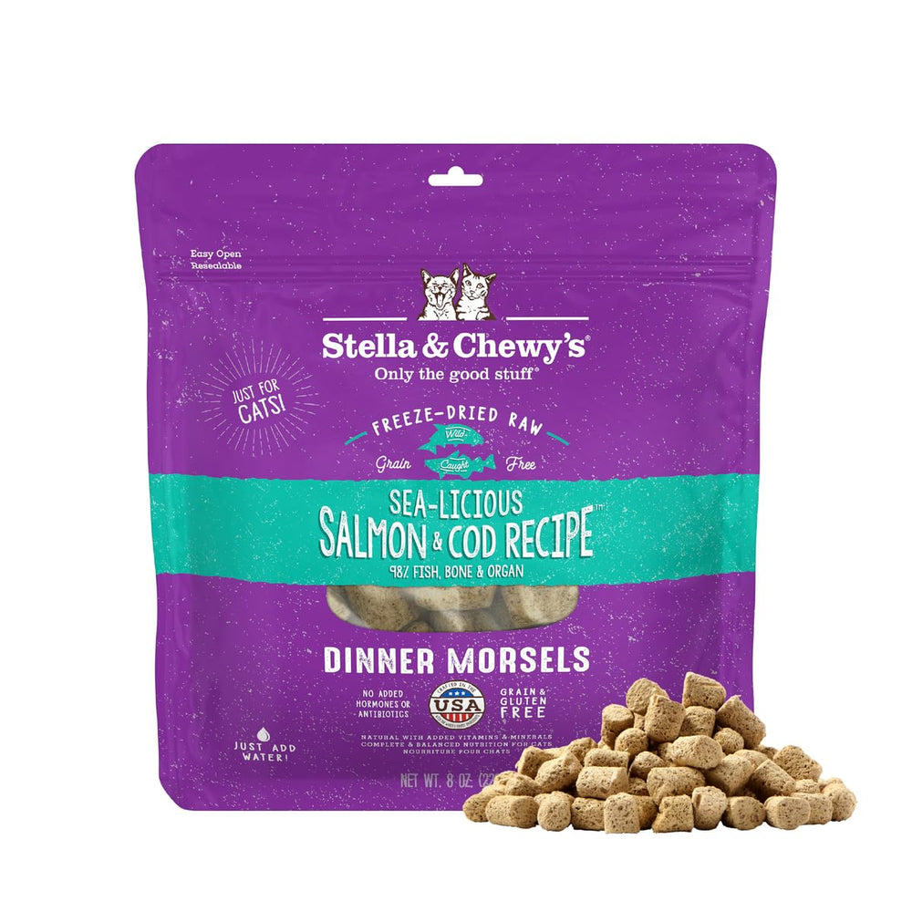 Stella & Chewy's salmon and cod morsels in a cat bowl, protein-packed nutrition.