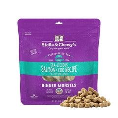 Stella & Chewy's salmon and cod morsels in a cat bowl, protein-packed nutrition.