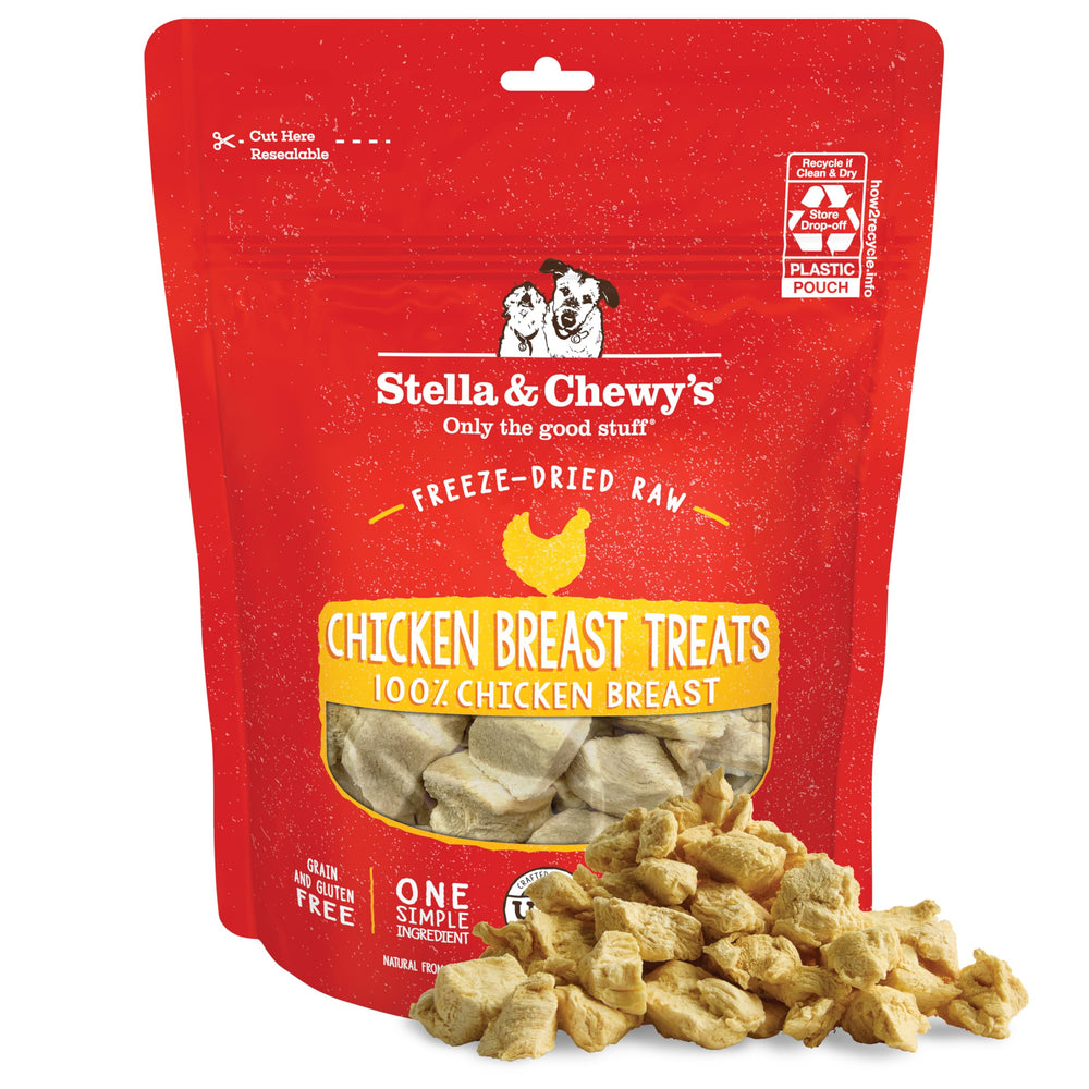 Stella & Chewy's freeze-dried chicken treats in a 2.75oz bag, protein-rich and convenient.