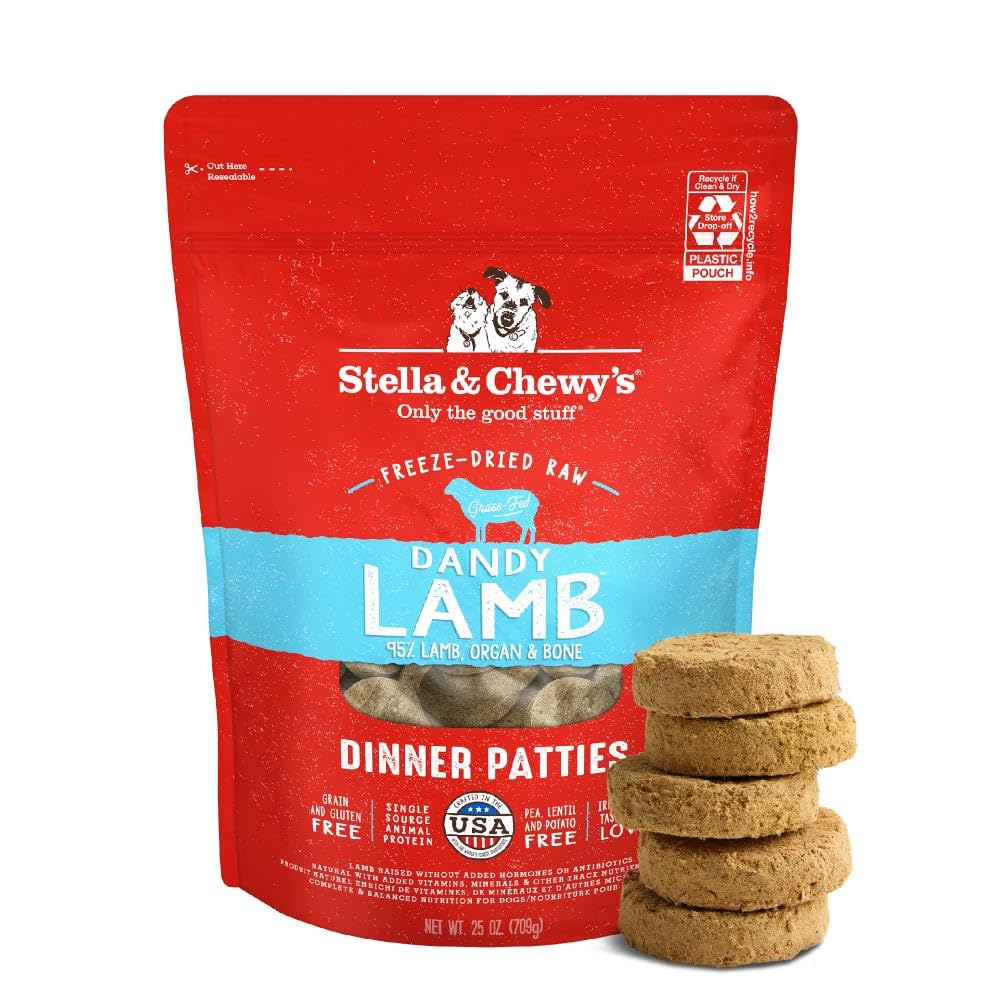 Stella & Chewy's Dandy Lamb patty packshot shows premium raw nutrition for picky eaters.