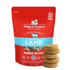 Stella & Chewy's Dandy Lamb patty packshot shows premium raw nutrition for picky eaters.