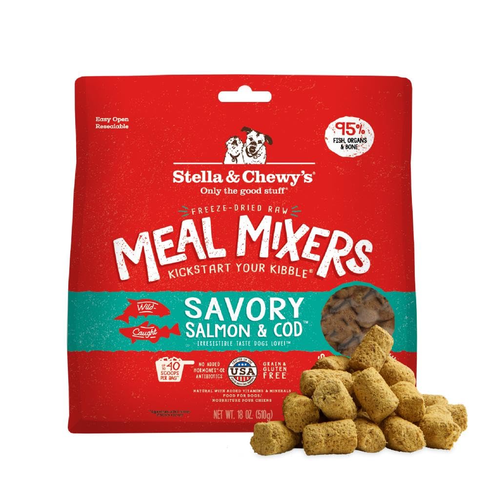 Stella & Chewy's packaging for salmon-cod mixers boosts picky eaters' mealtime appeal.