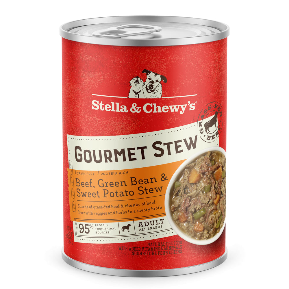 Stella & Chewy's Gourmet Stew beef with green beans and sweet potatoesâprotein-rich, grain-free meal for dogs.