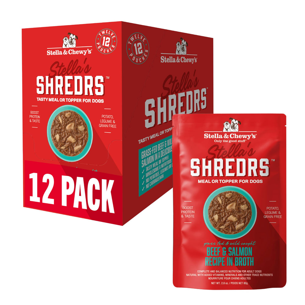 Stella & Chewy's Shredrs pouch close-up showing grass-fed beef and salmon texture, appealing to picky eaters.