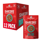 Stella & Chewy's Shredrs pouch close-up showing grass-fed beef and salmon texture, appealing to picky eaters.