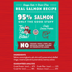 Stella & Chewy's salmon jerky texture close-up emphasizes easy-to-chew bites.