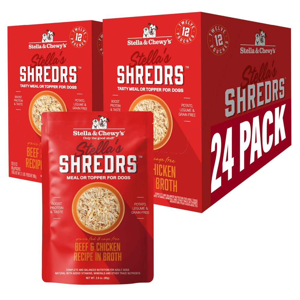 Stella & Chewy's Shredrs pouch packaging highlights grass-fed beef and chicken for picky eaters.