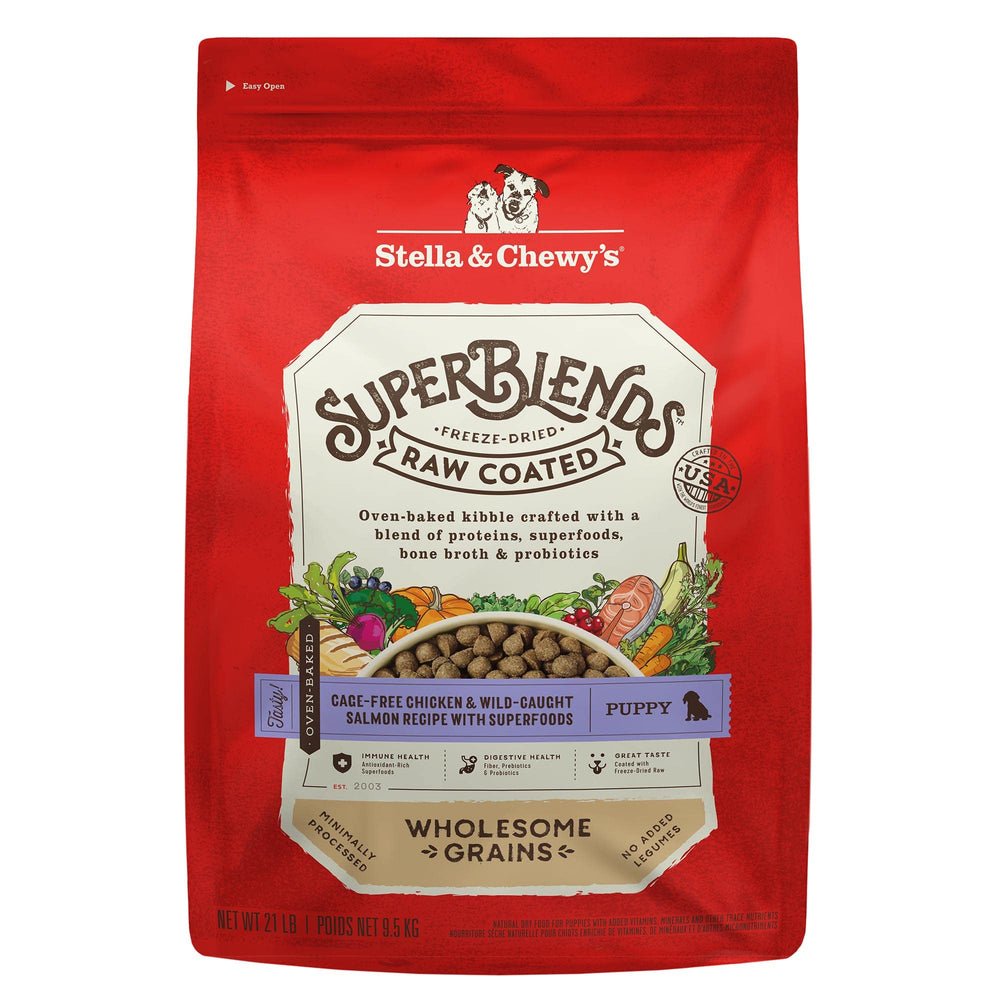 Stella & Chewy's SuperBlends puppy bag front showing premium formula for balanced nutrition.