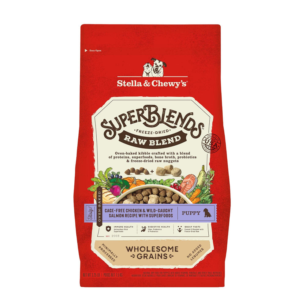 Stella & Chewy's SuperBlends puppy kibble in a bowl, cage-free chicken and salmon flavor for daily nutrition.