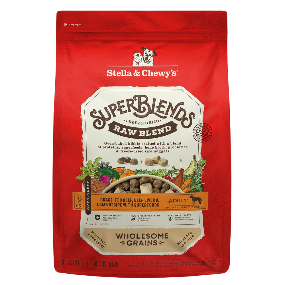 Stella & Chewy's SuperBlends bag front featuring grass-fed beef blend for dogs.