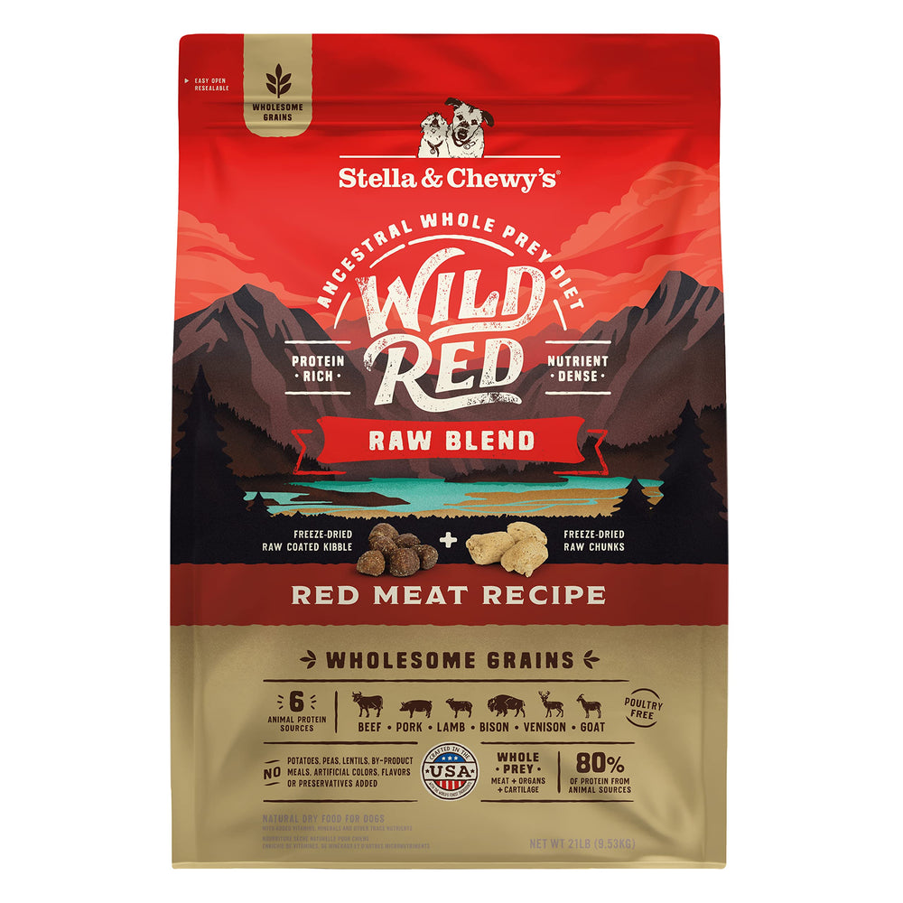 Stella & Chewy's Wild Red Raw Blend bag front showing high-protein formula for dogs.