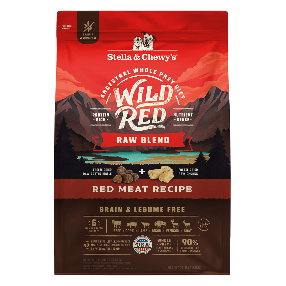 Stella & Chewy's Wild Red Raw Blend bag front highlights premium protein for active dogs.
