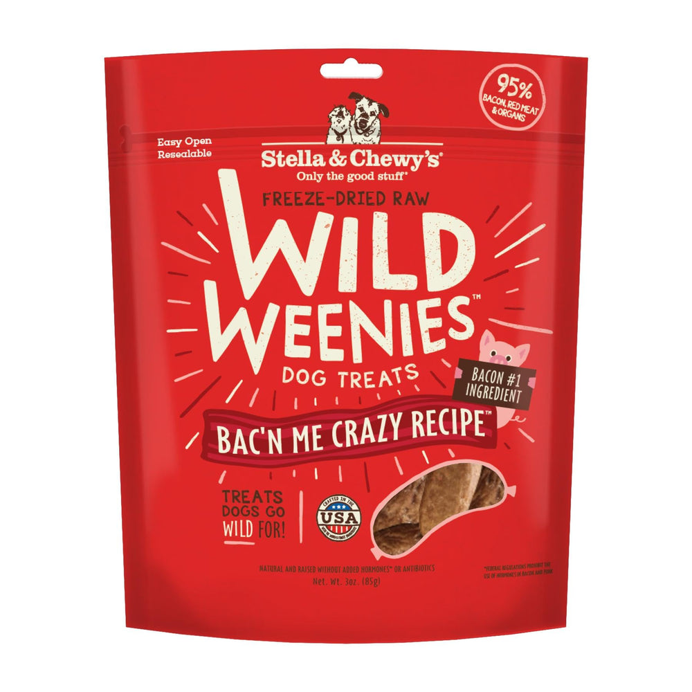 Stella & Chewy's Wild Weenies bacon treat pouch, ideal training reward with high protein.