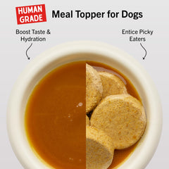 Stella & Chewy's bone broth being poured into a dog dish for hydration