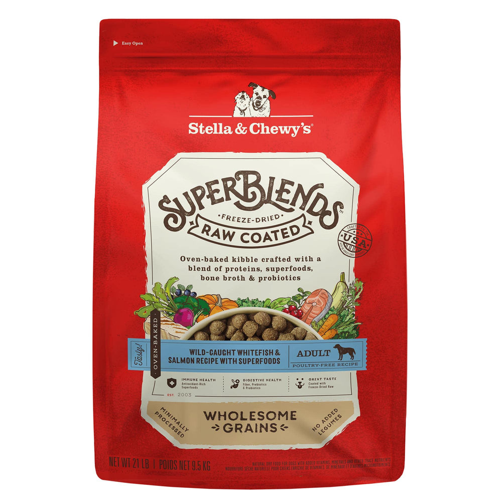Stella & Chewy's SuperBlends whitefish-salmon raw-coated kibble delivers flavorful nutrition for dogs.