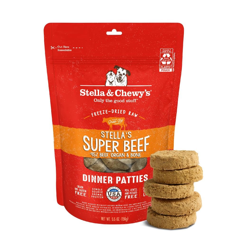 Stella & Chewy's freeze-dried raw beef patties for a protein-rich dinner.