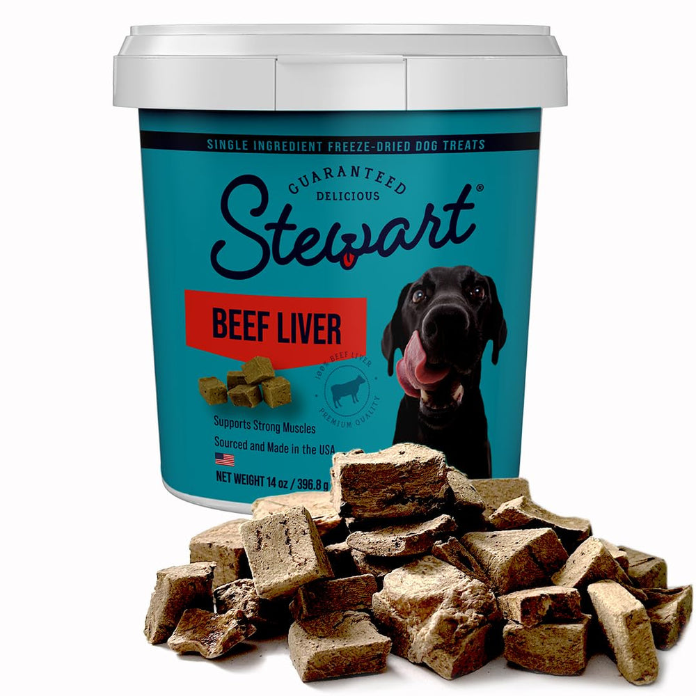 Stewart 14 oz tub of 315 beef liver treats ready for rewarding dogs.