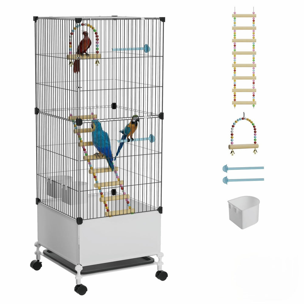 STILLCOVE medium flight bird cage on rolling stand for easy mobility.