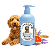 Stonepaw Doodle Shampoo bottle pour showing detangling support for doodle coats.