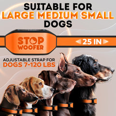 STOPWOOFER adjustable strap close-up showing secure fit for all sizes.