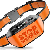 STOPWOOFER no-shock bark collar front view, humane design for all dog sizes.