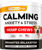 STRELLALAB Advanced Calming Chews bottle pour showing calming support during stressful events