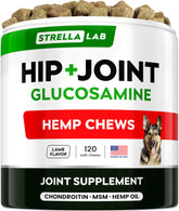 STRELLALAB Advanced dog joint treats bottle showing a hip-support focus for mobility