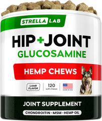 STRELLALAB Advanced dog joint treats bottle showing a hip-support focus for mobility