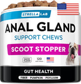 STRELLALAB Anal Gland Chews bottle on table, supports digestion and gut comfort.