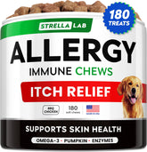 STRELLALAB dog allergy relief chews bottle with BBQ chicken flavor and immune support