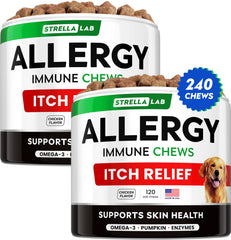 StrellaLab dog allergy chews bottle front showing packaging for itch relief.