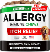 STRELLALAB dog allergy chews bottle packaging highlights omega-3 support for skin comfort.