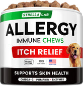 StrellaLab dog allergy chews front label highlights real ingredients and USA-made quality.