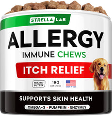 StrellaLab dog allergy chews front label highlights real ingredients and USA-made quality.