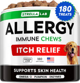STRELLALAB dog allergy relief chews bottle highlights omega-3 rich formula for itchy skin