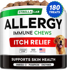 STRELLALAB dog allergy relief chews bottle highlights omega-3 rich formula for itchy skin