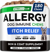 STRELLALAB dog allergy relief chews in a bottle support skin and coat health.